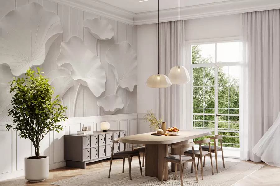 Fototapete Weißes, skulpturales Blumenrelief mit überlappenden Blütenblättern, elegante 3D-Wanddekoration w05604