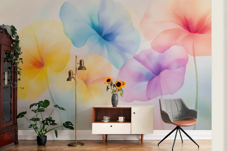 Fototapete Farbenfrohe, durchscheinende Blumen in sanften Pastelltönen mit einem verträumten Aquarelleffekt w05607