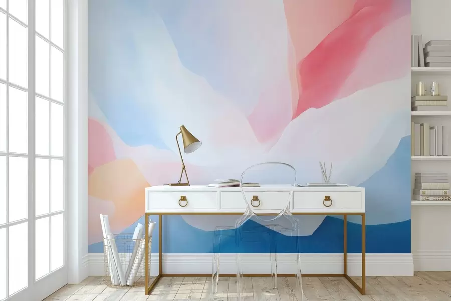 Fototapete Abstrakte Pastellwellen mit sanften Rosa- und Blauverläufen im Aquarellstil w05609