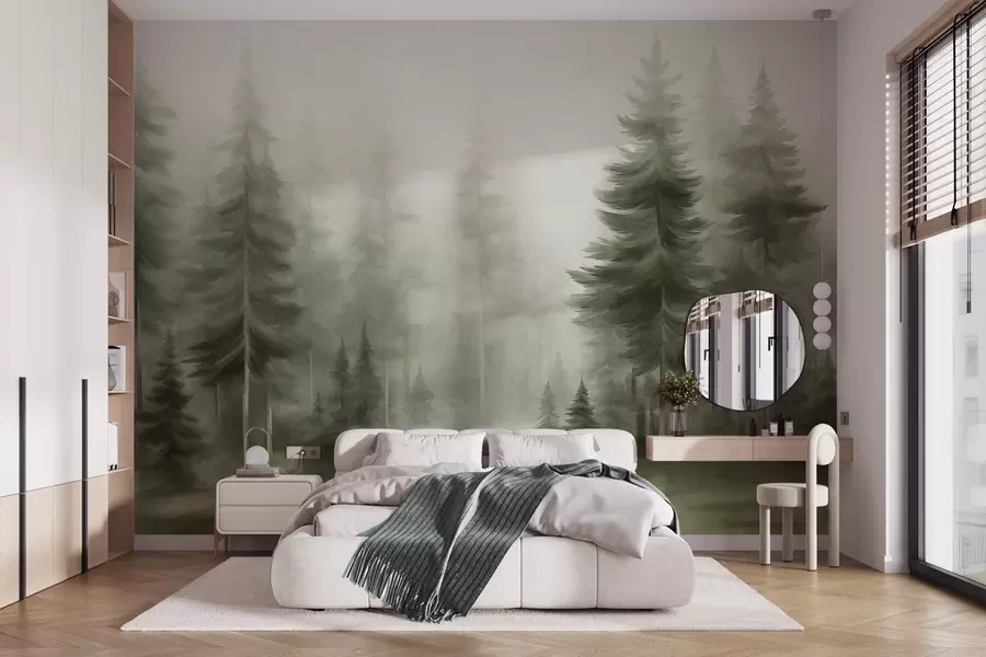 Fototapete Ein dichter Wald mit hohen Kiefern im leichten Nebel, strukturierte Landschaftskunst w09830v1