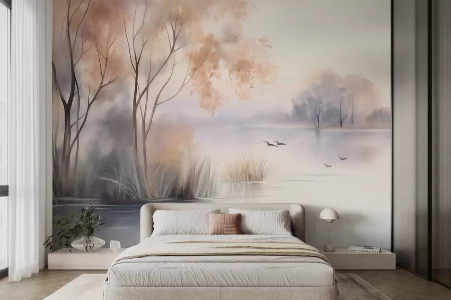 Fototapete Landschaft: ein nebliger See mit Bäumen und Schilf, fliegende Vögel, strukturierter Aquarellstil w09866