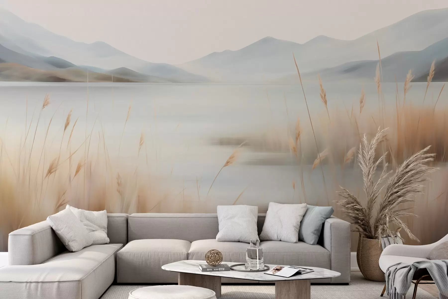 Fototapete Abstrakte Landschaft mit Bergen und einem See w05584