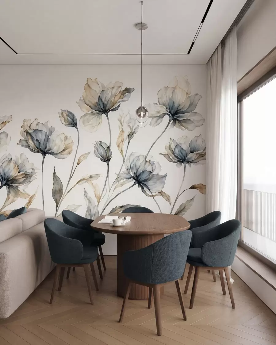 Fototapete Elegante, luftige Blüten mit durchscheinenden, geschichteten Blütenblättern an langen, zarten Stielen w05579