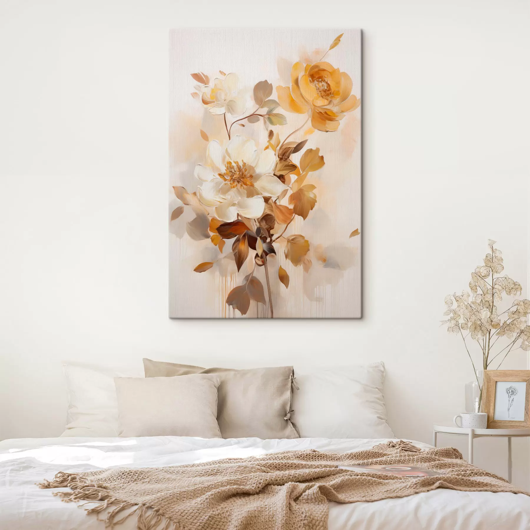 Wandbilder Abstrakte Blumen mit braunen Blättern, malerischer Stil und Pinselstriche s49145