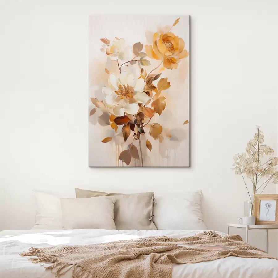 Wandbilder Abstrakte Blumen mit braunen Blättern, malerischer Stil und Pinselstriche s49145