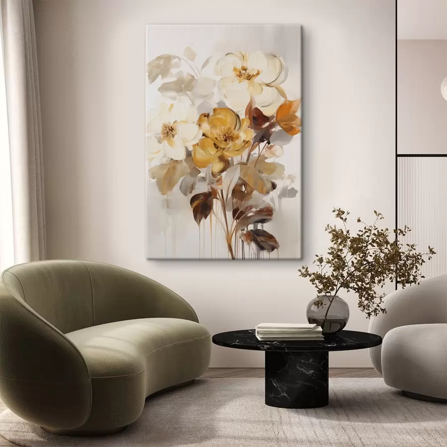 Wandbilder Abstrakte Blumen mit braunen Blättern, malerischer Stil und Pinselstriche s49146