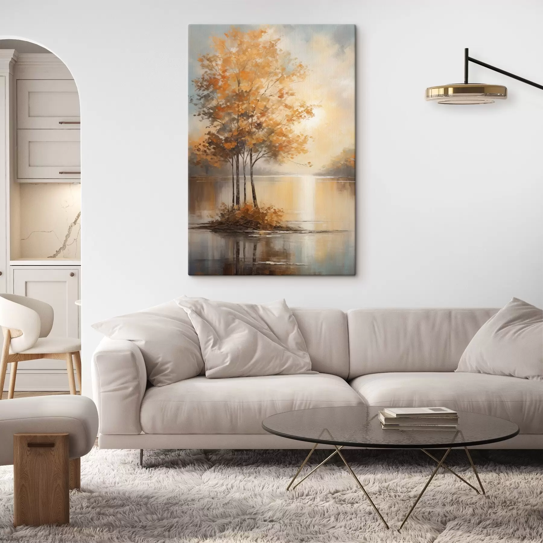 Wandbilder Landschaft, Bäume mit orangefarbenen Blättern, See, die Sonne im Hintergrund s49151