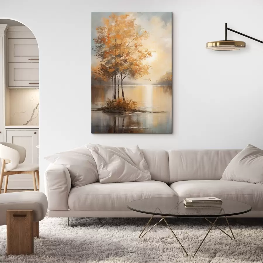 Wandbilder Landschaft, Bäume mit orangefarbenen Blättern, See, die Sonne im Hintergrund s49151