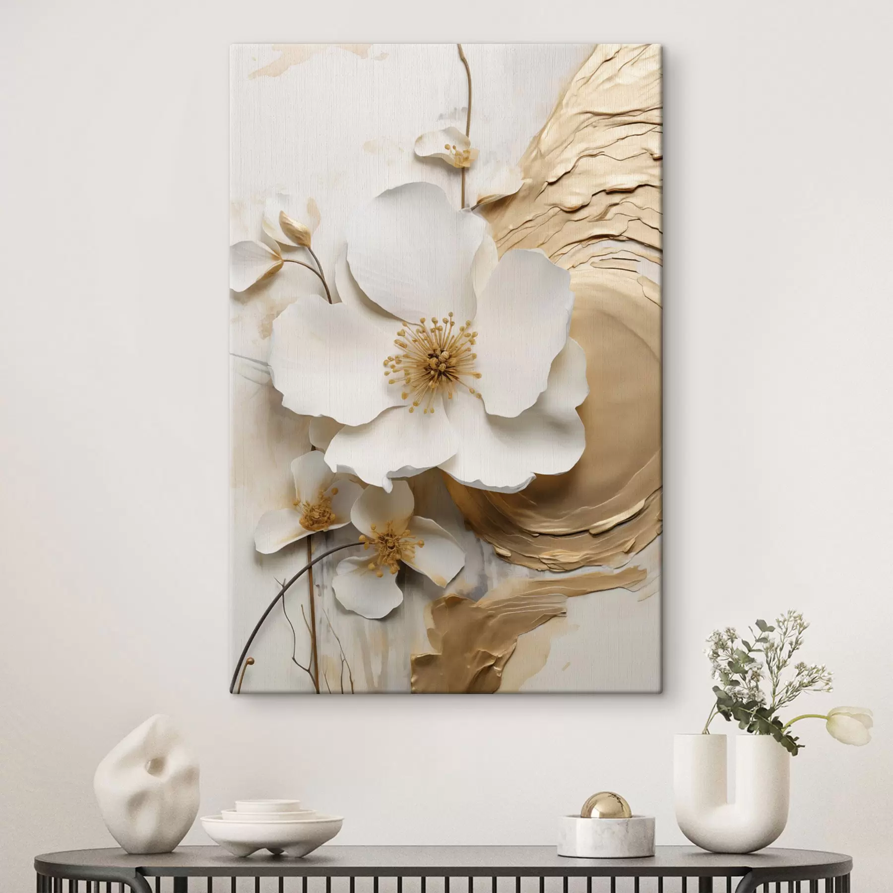 Wandbilder Abstrakte weiße Blume, Pinselstriche auf strukturiertem Hintergrund s49153