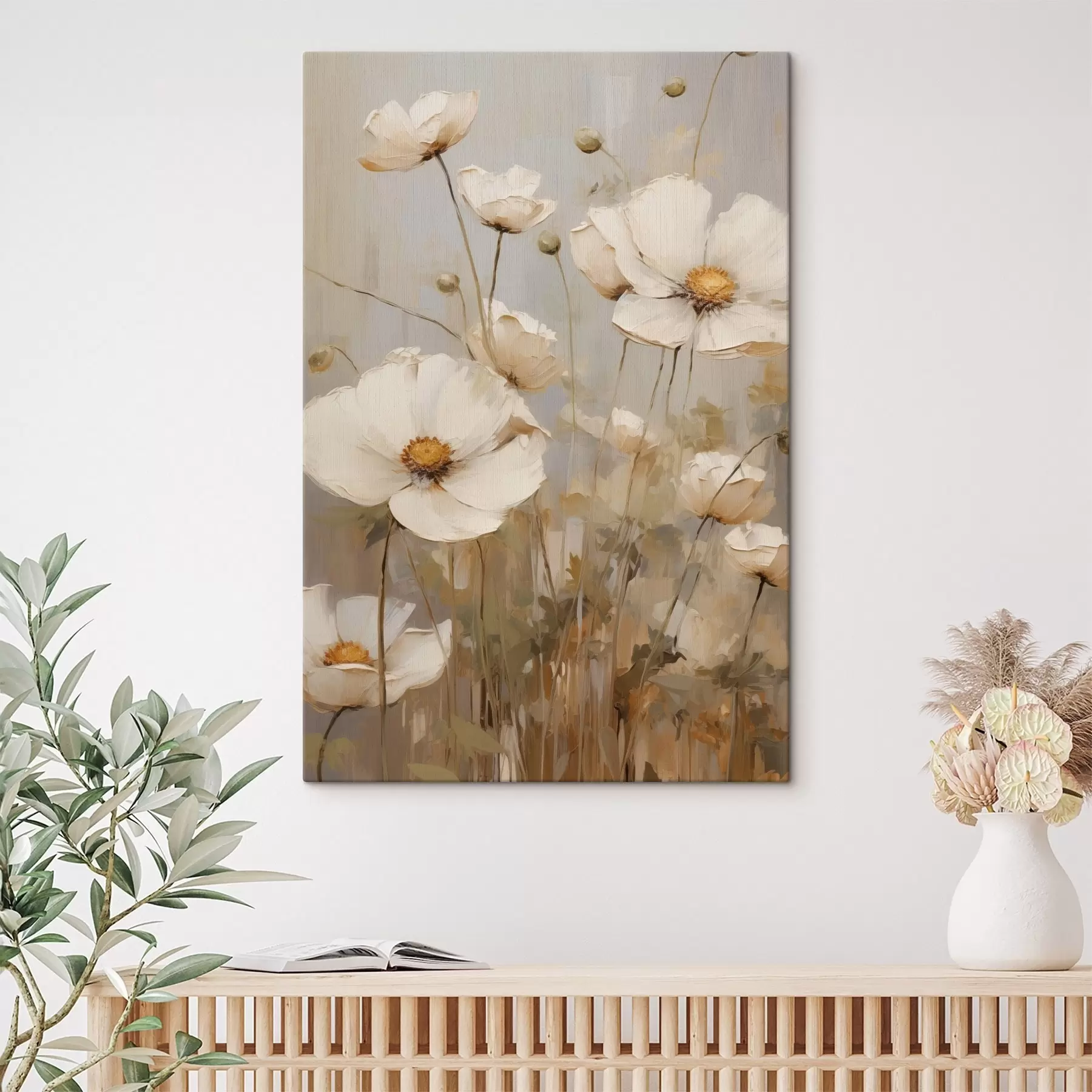 Wandbilder Weiße Mohnblumen, gemalt in einem sanften, impressionistischen Stil vor einem gedämpften Hintergrund s49159