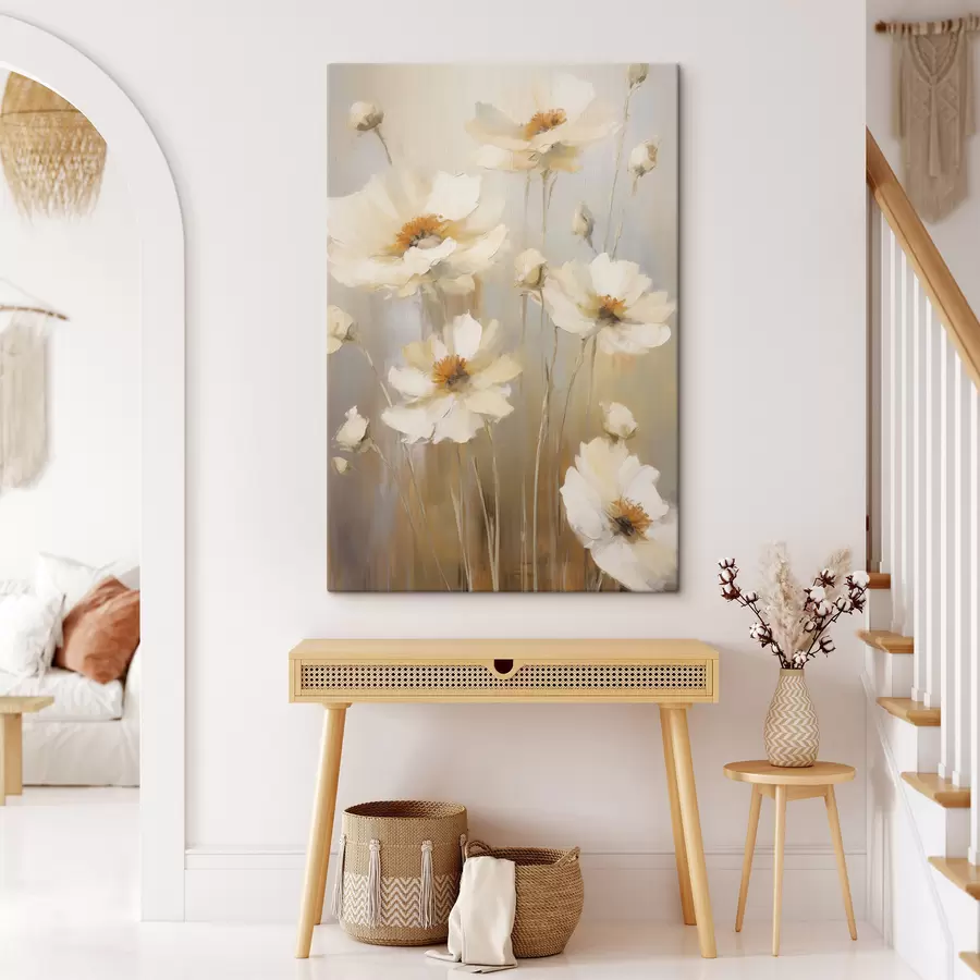 Wandbilder Weiße Mohnblumen, gemalt in einem sanften, impressionistischen Stil vor einem gedämpften Hintergrund s49160