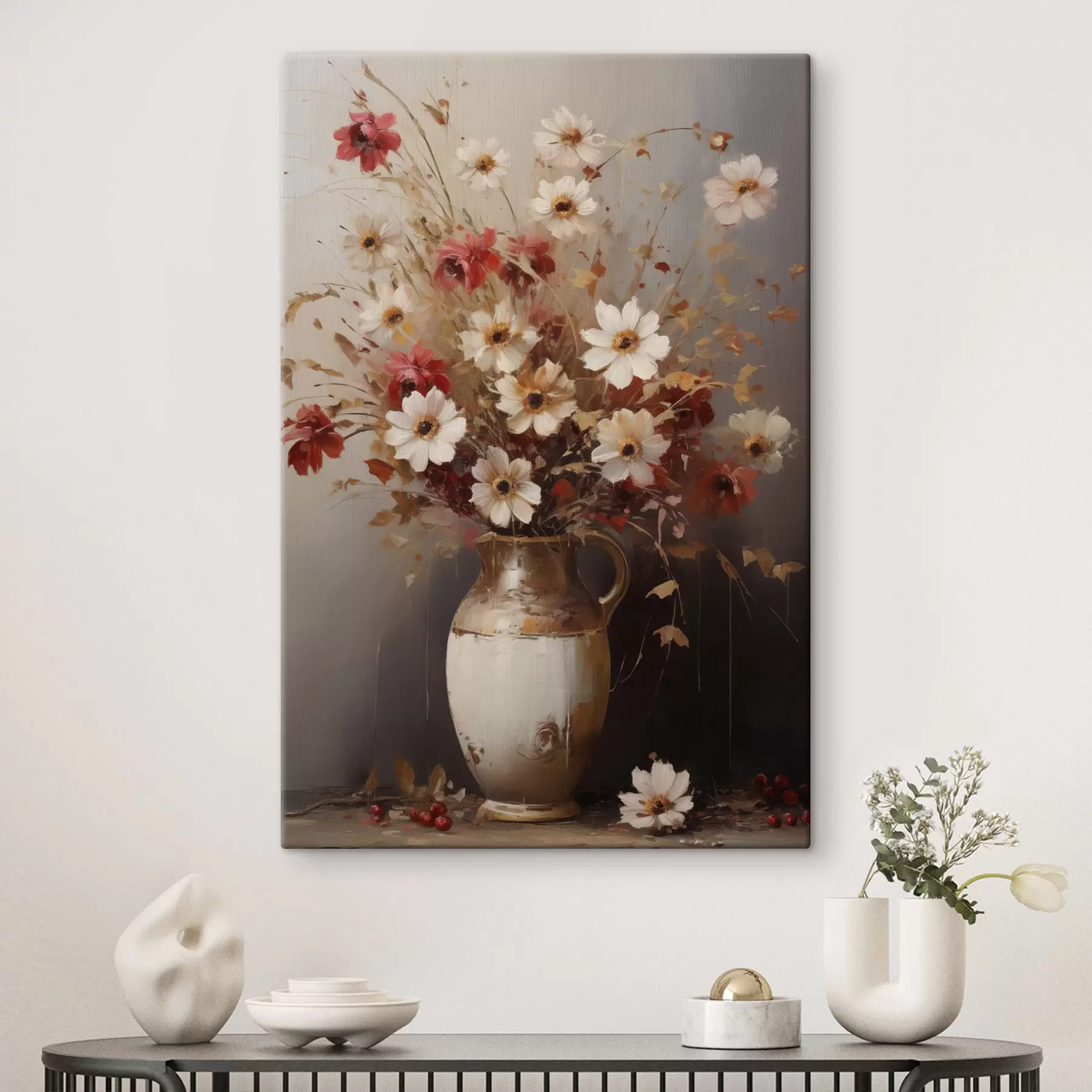 Wandbilder Ein Strauß aus weißen und roten Blumen mit braunen Akzenten in einer Vase, im malerischen Stil s49161