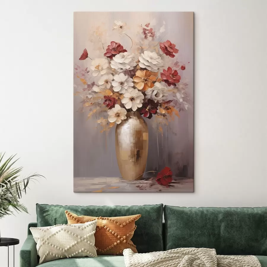 Wandbilder Ein Strauß aus weißen und roten Blumen mit braunen Akzenten in einer Vase, im malerischen Stil s49162