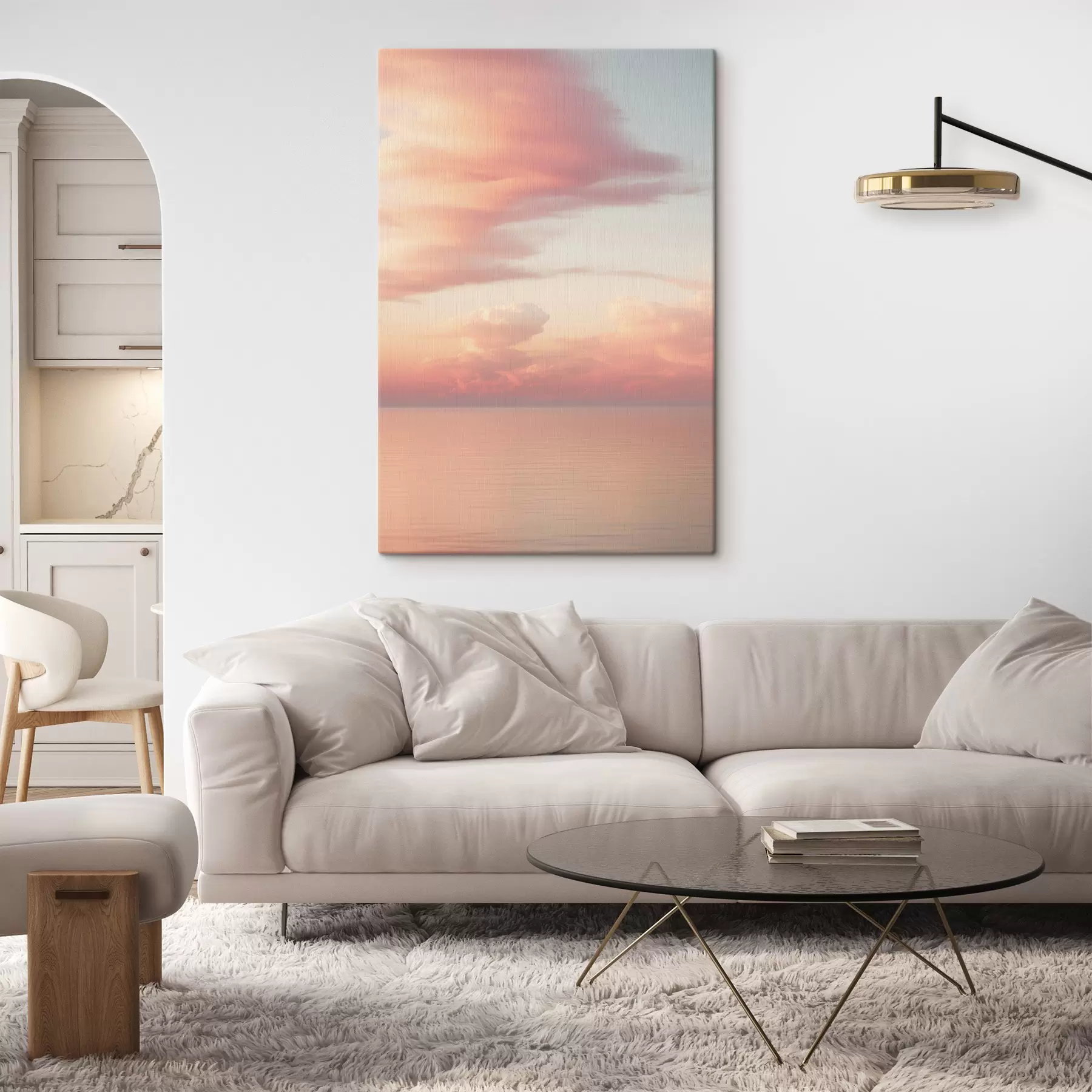 Wandbilder Ein pastellfarbener Himmel voller sanfter Wolken über einem ruhigen, spiegelglatten Meer bei Sonnenuntergang s49177
