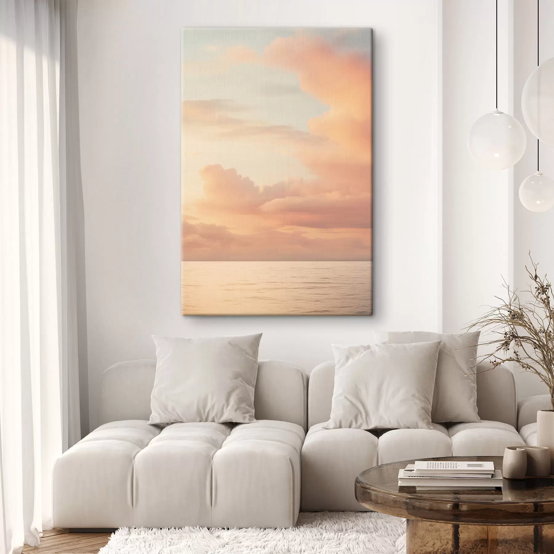 Wandbilder Ein pastellfarbener Himmel voller sanfter Wolken über einem ruhigen, spiegelglatten Meer bei Sonnenuntergang s49178