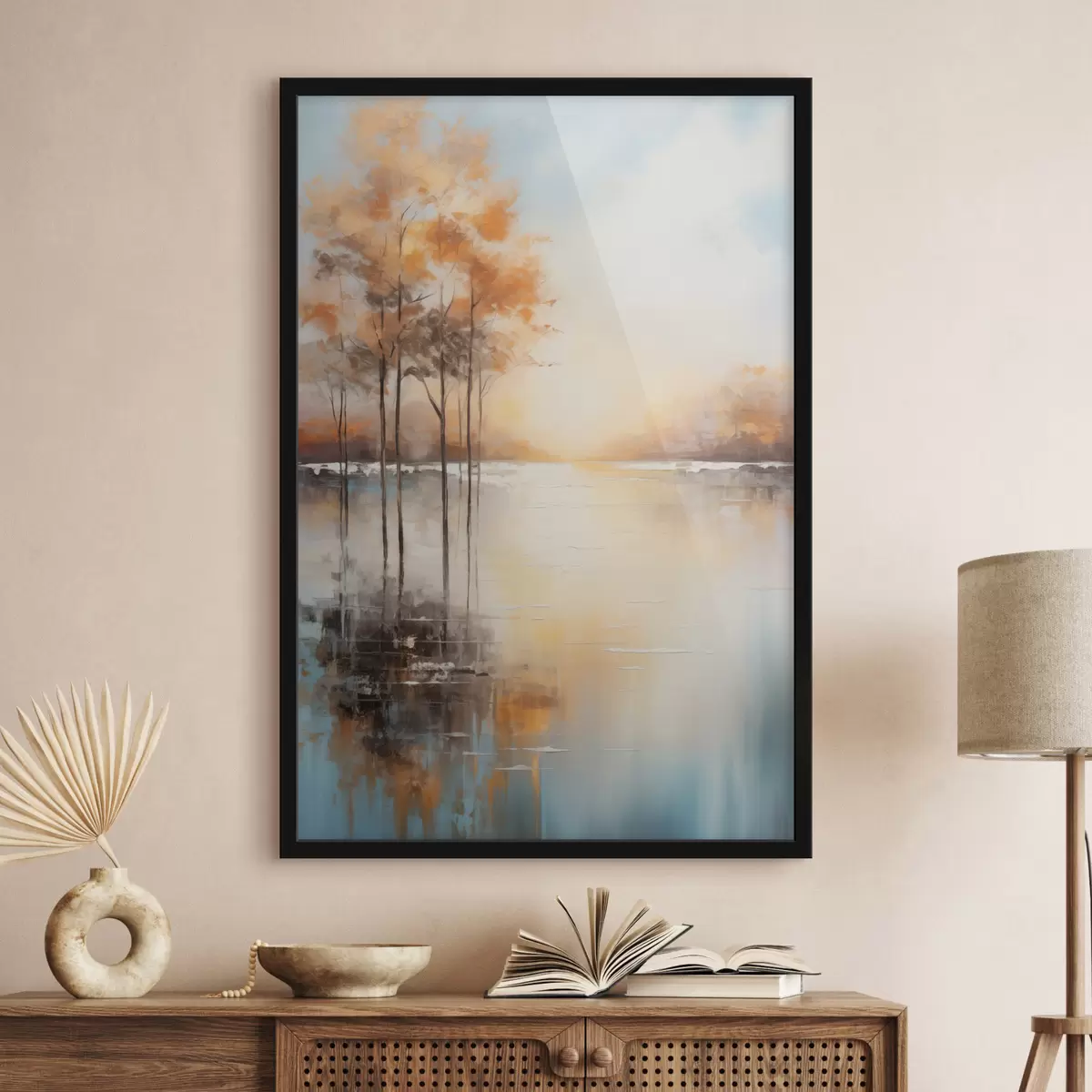 Poster Landschaft, Bäume mit orangefarbenen Blättern, See, die Sonne im Hintergrund f49152