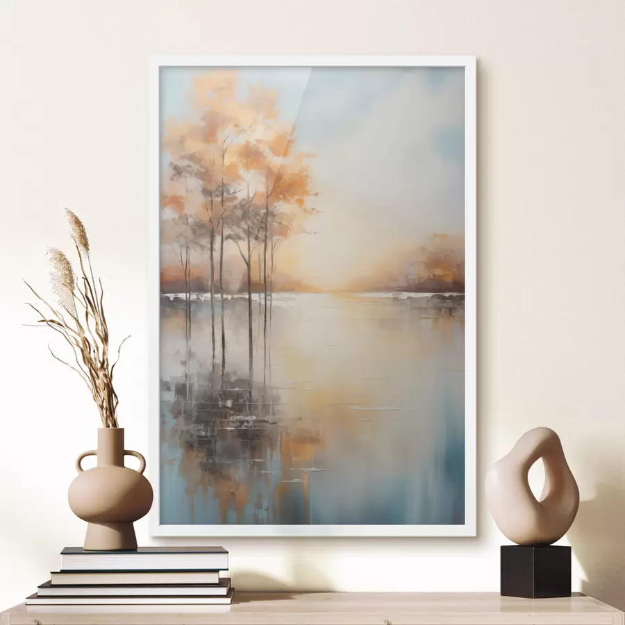 Fototapete Landschaft, Bäume mit orangefarbenen Blättern, See, die Sonne im Hintergrund f49152