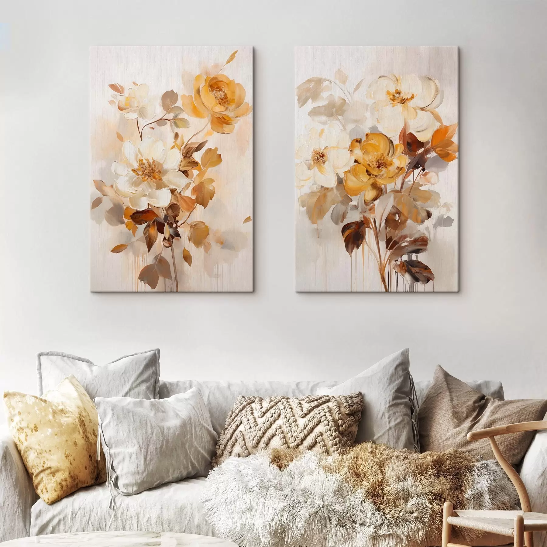 Wandbilder Abstrakte Blumen mit braunen Blättern, malerischer Stil und Pinselstriche m30469
