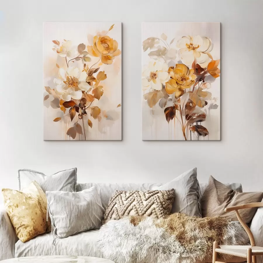 Wandbilder Abstrakte Blumen mit braunen Blättern, malerischer Stil und Pinselstriche m30469