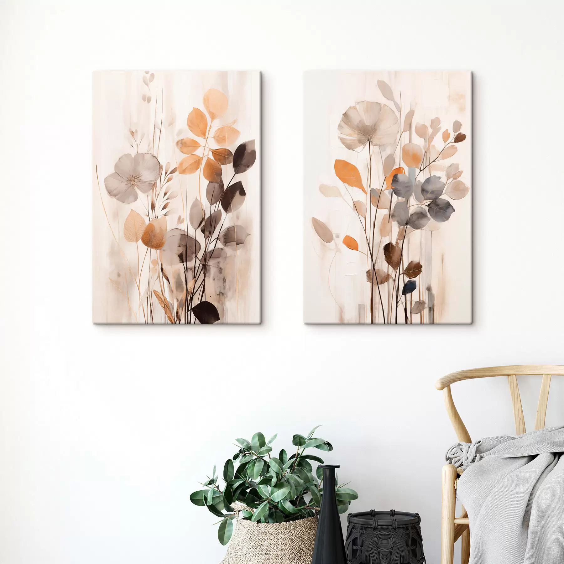 Wandbilder Blumenarrangement in gedämpften Orange- und Grautönen, abstrakte Kunst m30470