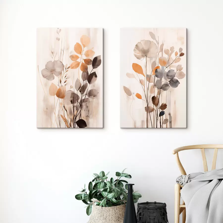 Wandbilder Blumenarrangement in gedämpften Orange- und Grautönen, abstrakte Kunst m30470