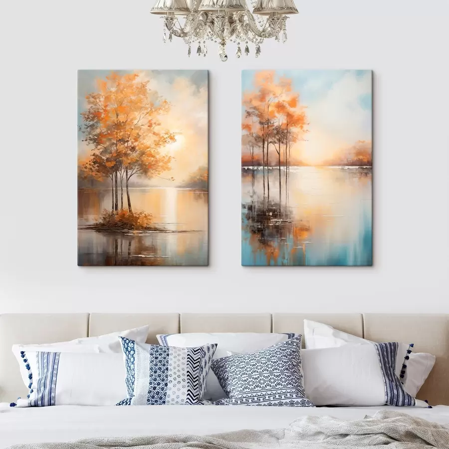 Wandbilder Landschaft, Bäume mit orangefarbenen Blättern, See, die Sonne im Hintergrund m30472