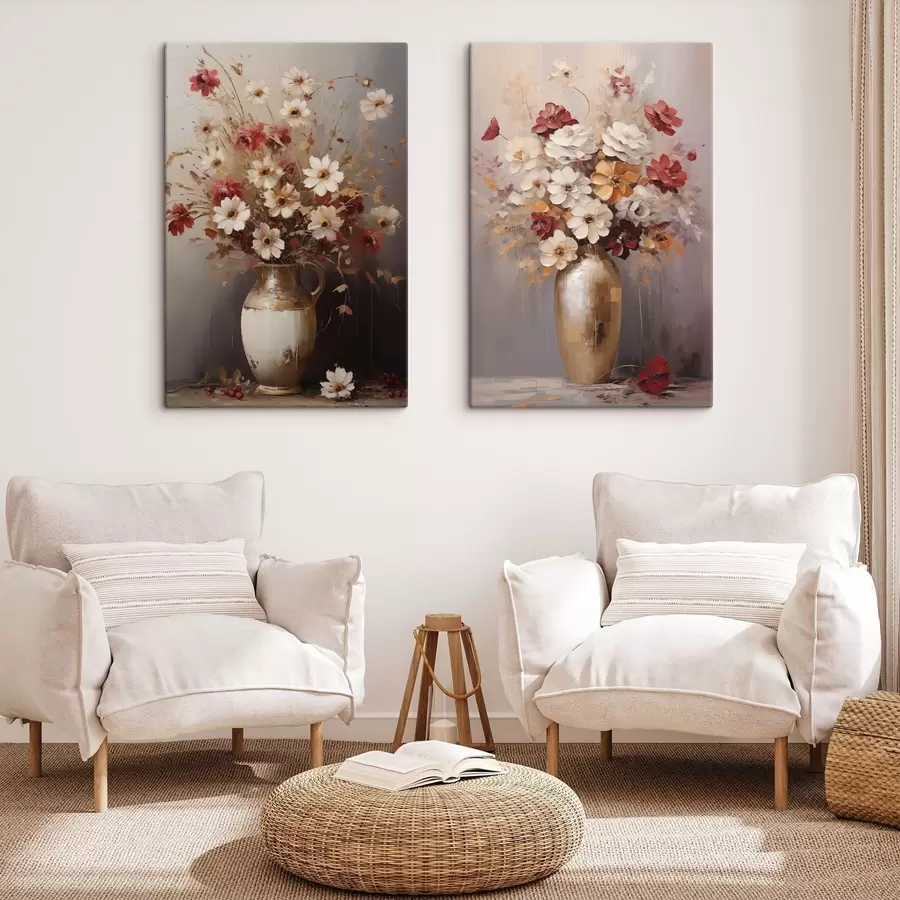 Wandbilder Ein Strauß aus weißen und roten Blumen mit braunen Akzenten in einer Vase, im malerischen Stil m30477