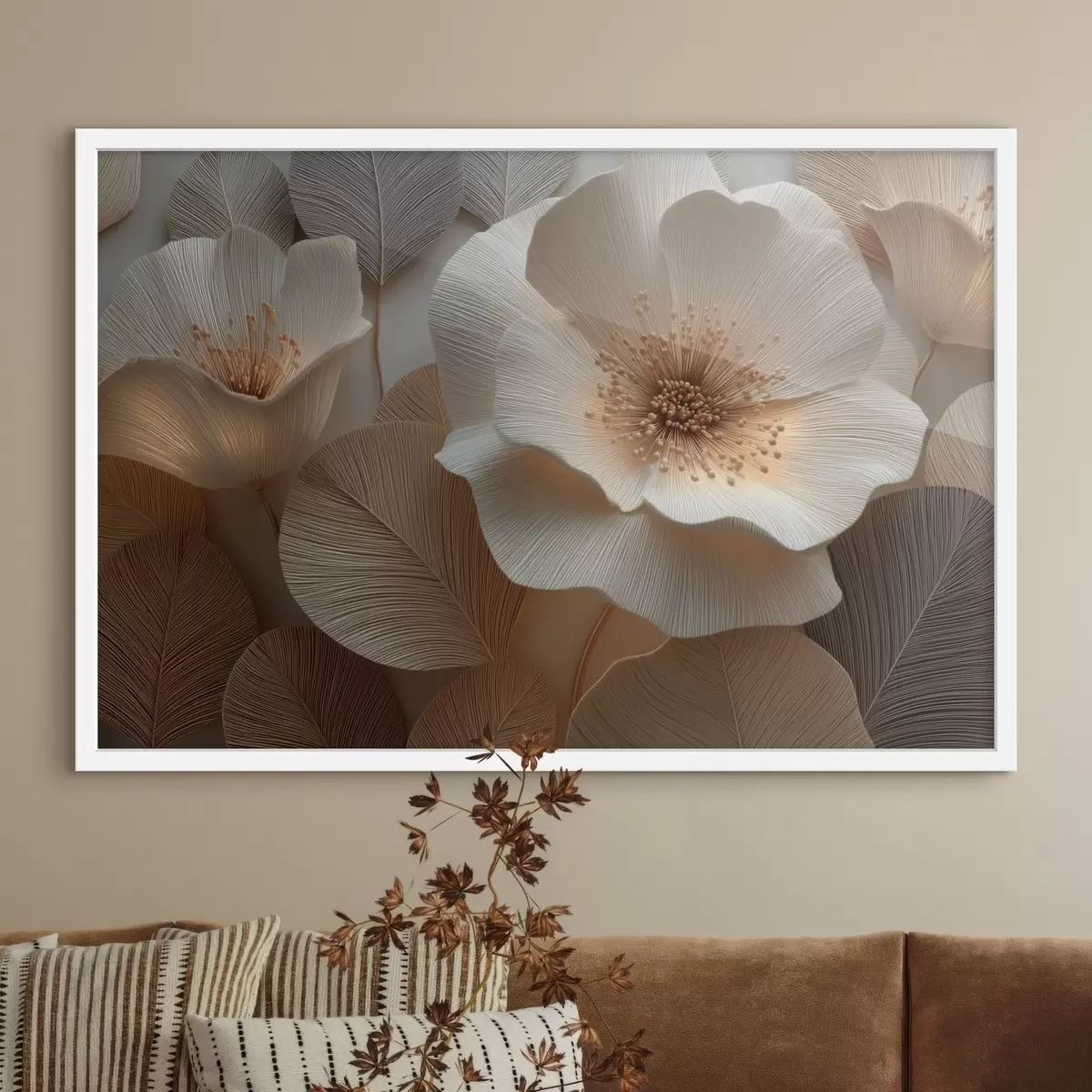 Poster Blumen und Blätter in warmen Farbtönen, übereinandergeschichtet f49218