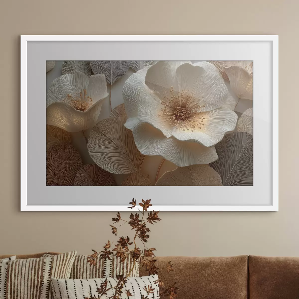 Poster Blumen und Blätter in warmen Farbtönen, übereinandergeschichtet f49218
