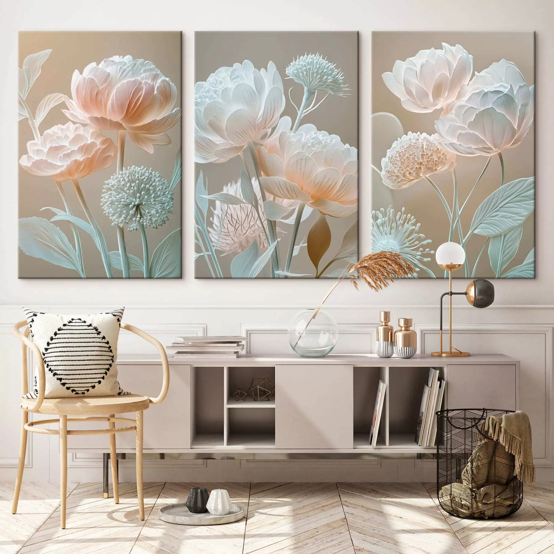 Wandbilder Dreiteiliges Bild mit zarten, blassen Blumen m30489
