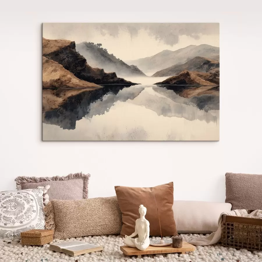 Wandbilder Nebelige Berge und ein See mit Spiegelbild s49186