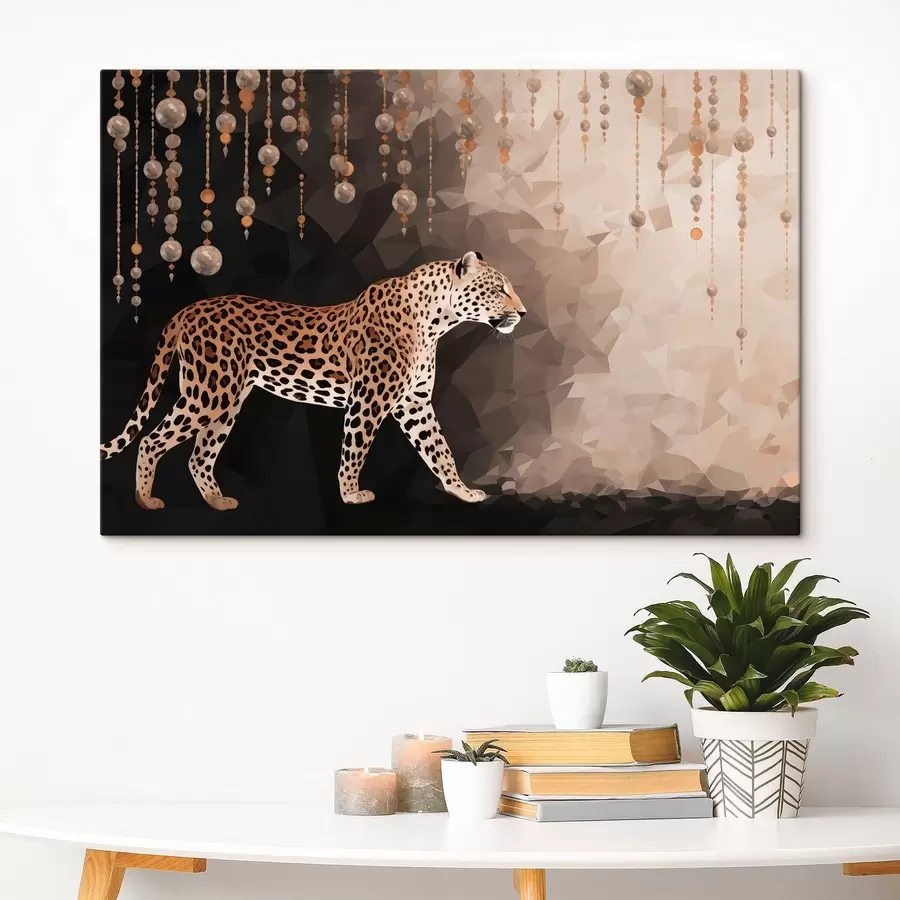 Wandbilder Leopard vor geometrischem Hintergrund mit hängenden Elementen s49188