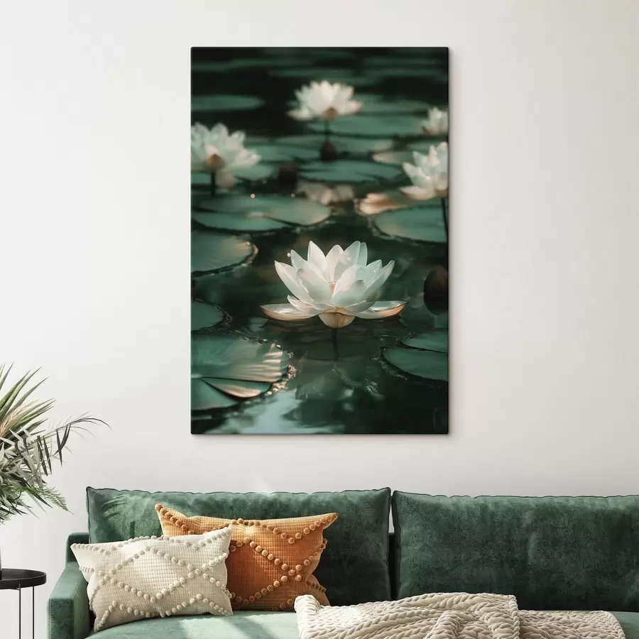 Wandbilder Blasse Lotusblüten auf dunklem Wasser s49197