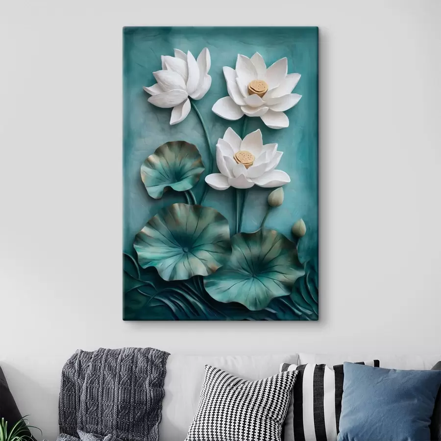 Wandbilder Weiße Lotusblüten und Blätter auf türkisfarbenem Hintergrund s49204