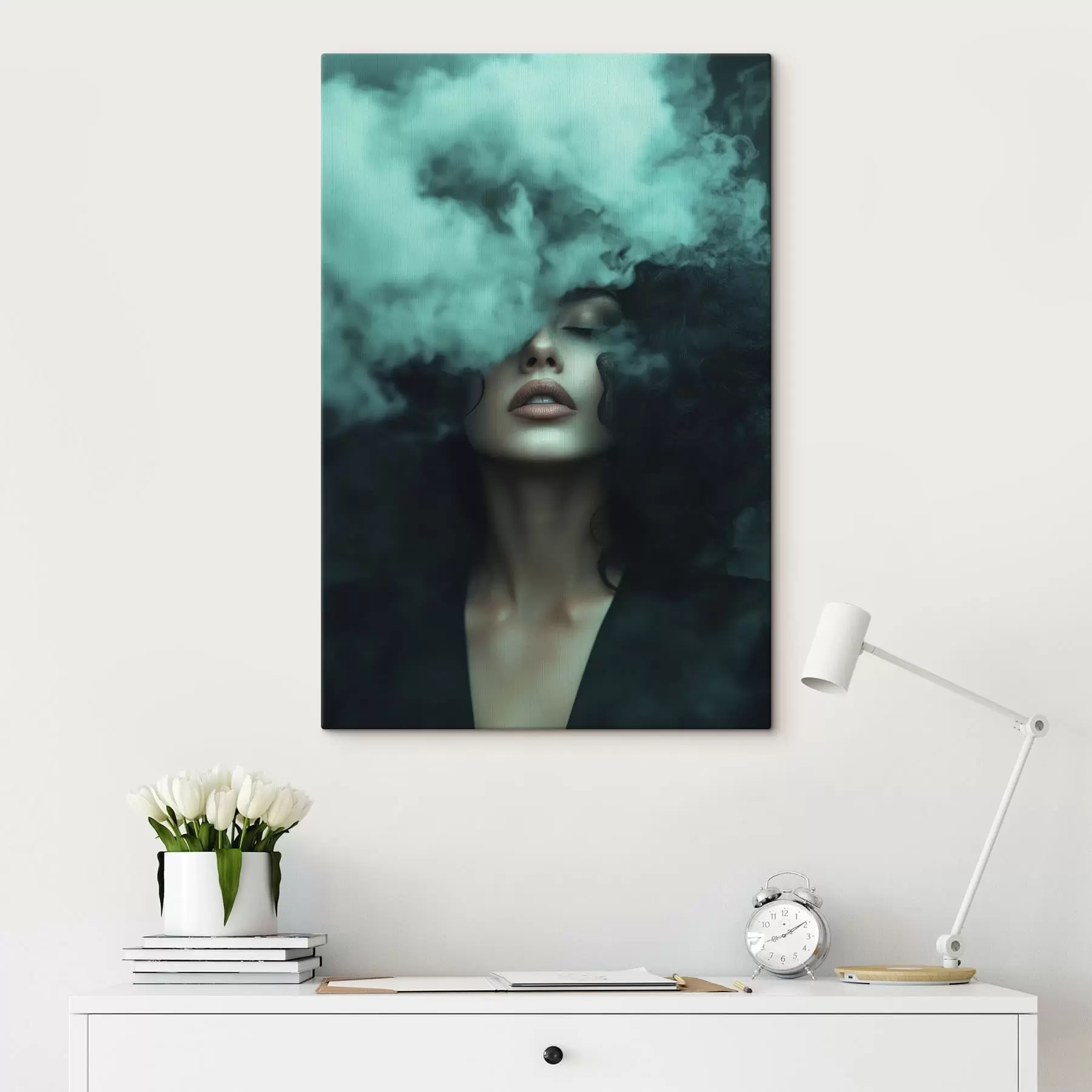 Wandbilder Frauenporträt in türkisfarbenem Nebel s49219