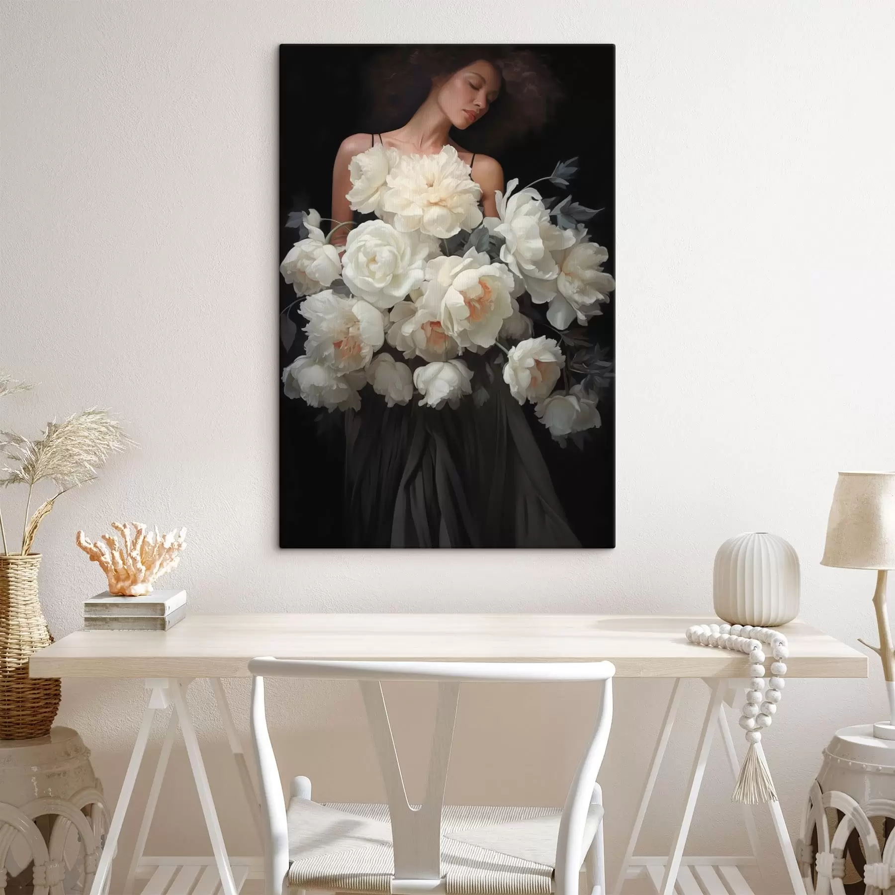 Wandbilder Frau mit einem großen Strauß blasser Blumen s49220