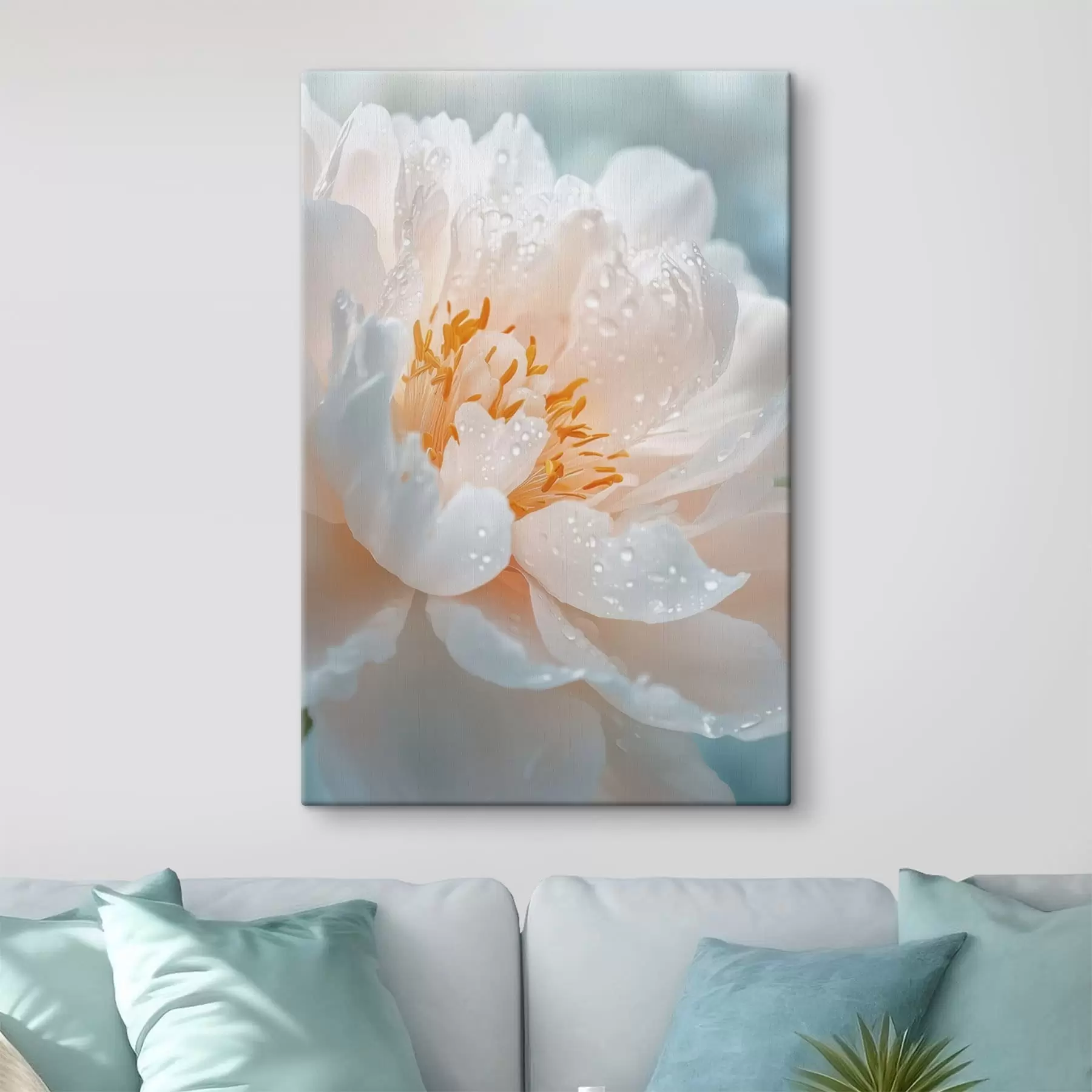 Wandbilder Makroaufnahme einer Blume mit Tautropfen und sanftem Schimmer s49223