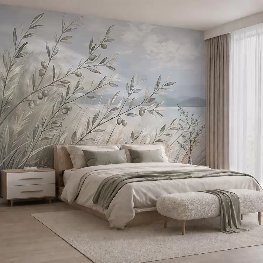 Fototapete Olivenzweige im Gras am Seeufer w05536