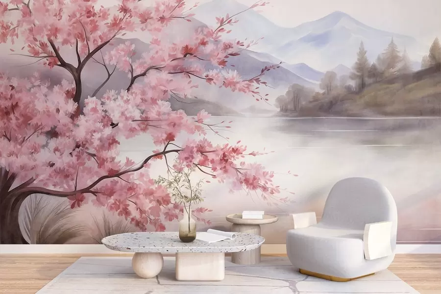 Fototapete Landschaftsbild: ein Baum mit rosa Blüten, ein See und nebelverhangene Berge im Hintergrund w09870