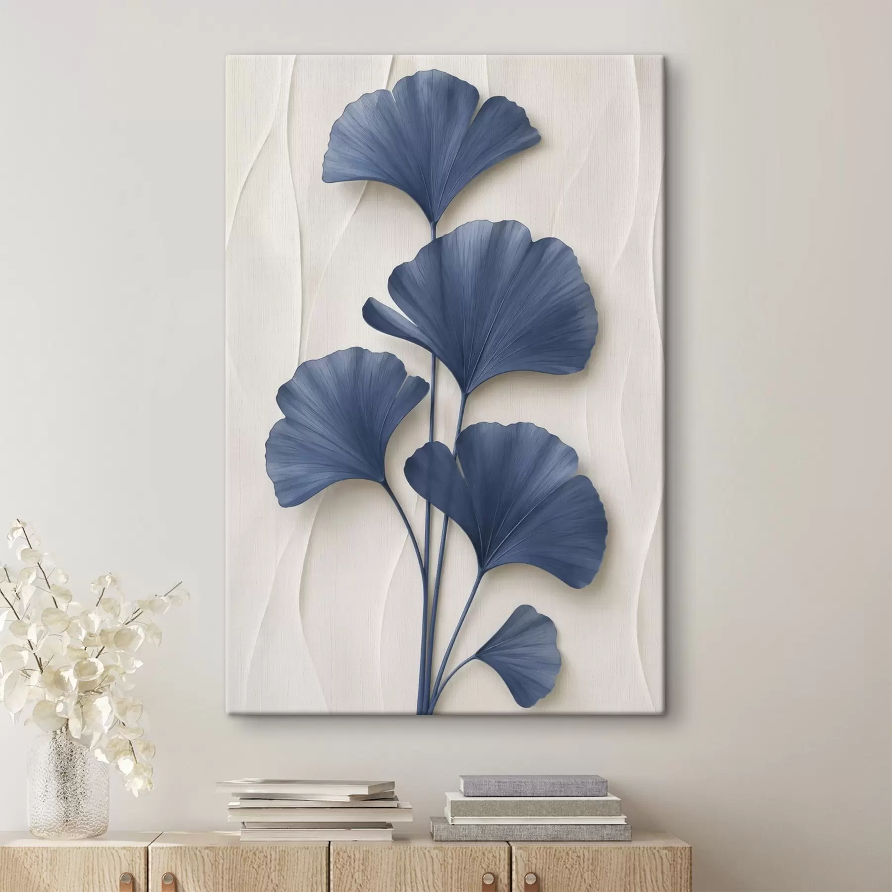Wandbilder Ginkgoblätter auf hellem Hintergrund, ein flaches Bild mit einer Nachahmung des Tiefeneffekts s49298