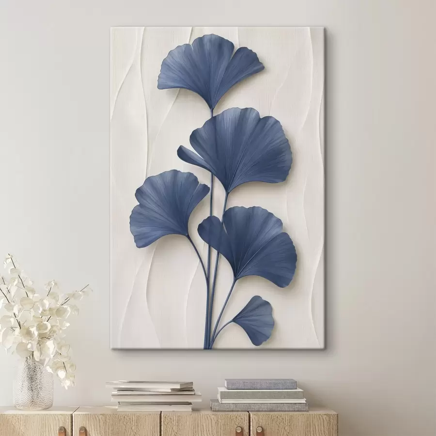 Wandbilder Ginkgoblätter auf hellem Hintergrund, ein flaches Bild mit einer Nachahmung des Tiefeneffekts s49298
