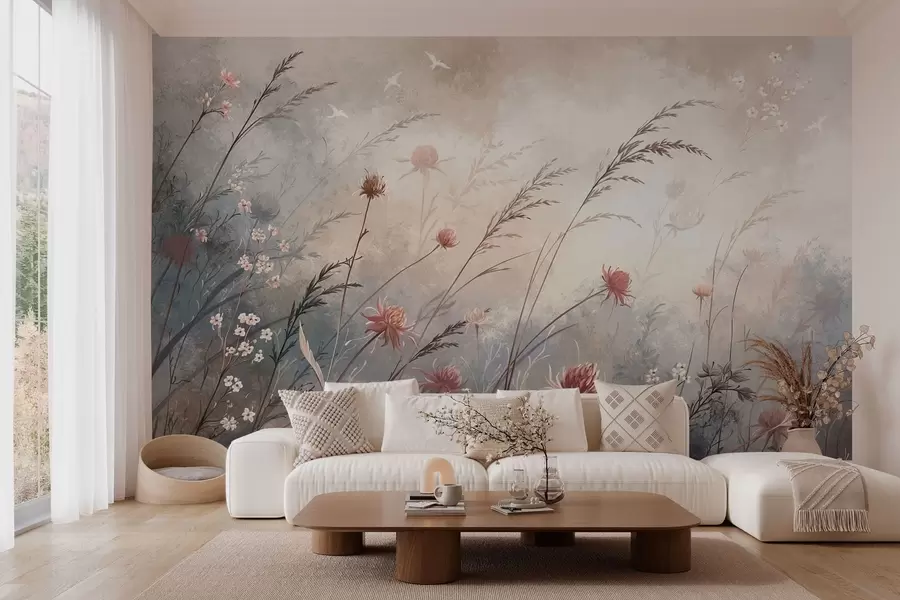 Fototapete Zarte Wildblumen in einer nebligen Pastelllandschaft w05538