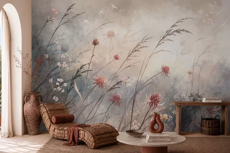 Fototapete Zarte Wildblumen in einer nebligen Pastelllandschaft w05538