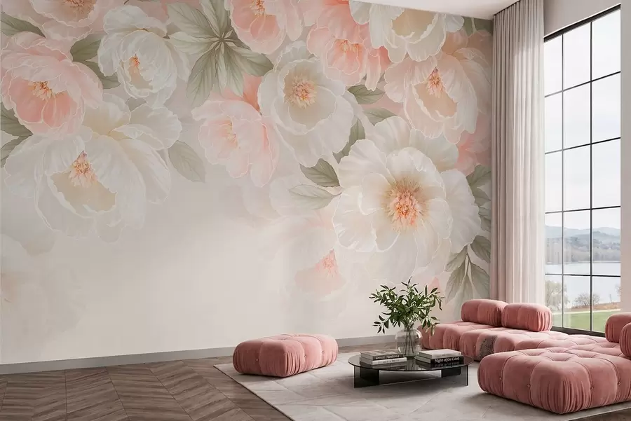 Fototapete Große, zarte Blüten in Rosa- und Cremetönen w05540