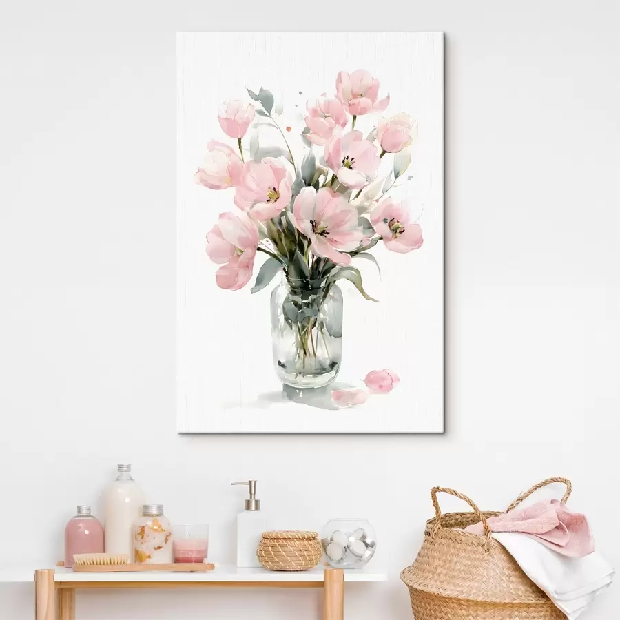 Wandbilder Zarte rosa Tulpen in einer Vase, im Aquarellstil s49226