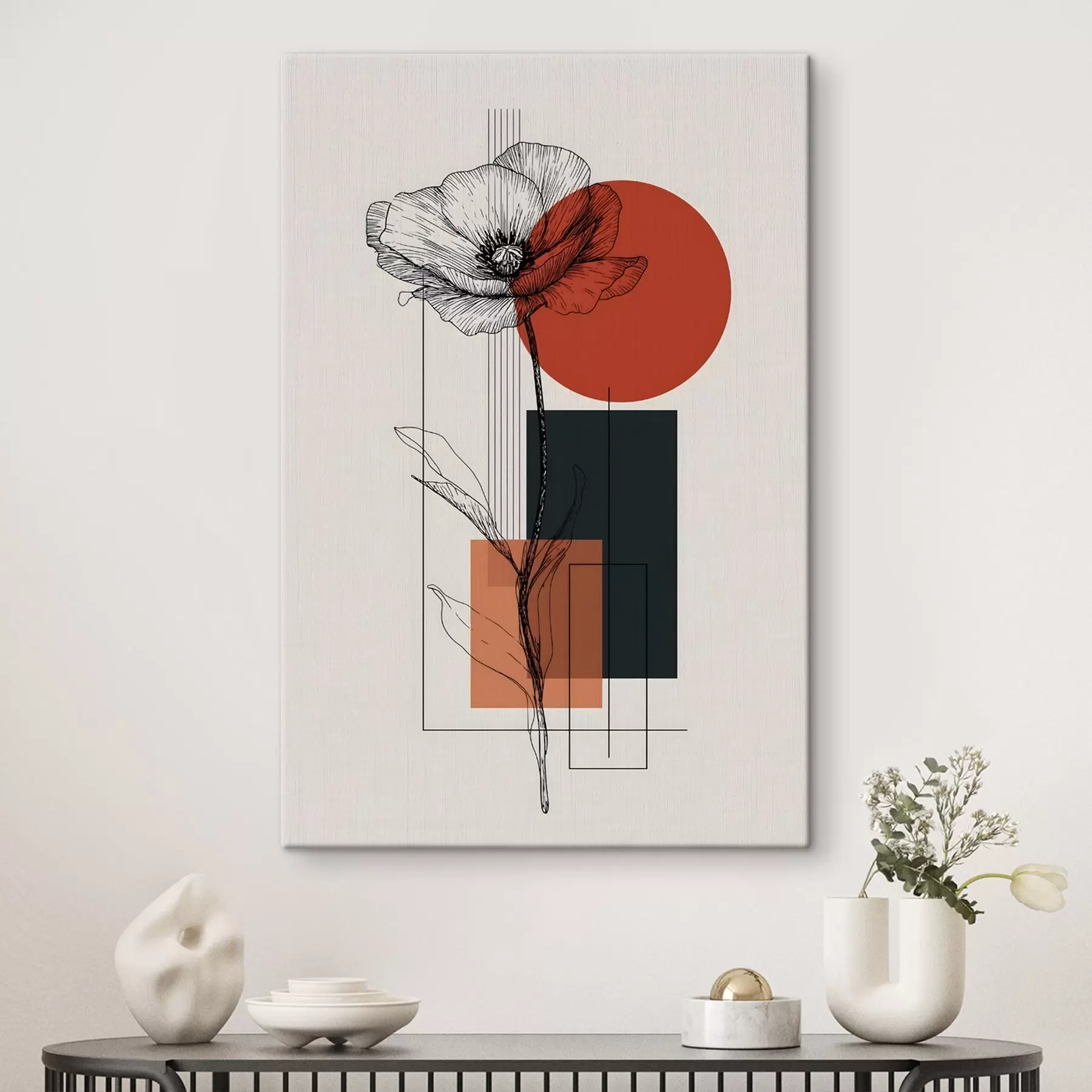 Wandbilder Eine grafisch gestaltete Mohnblume vor einem geometrischen Hintergrund s49229