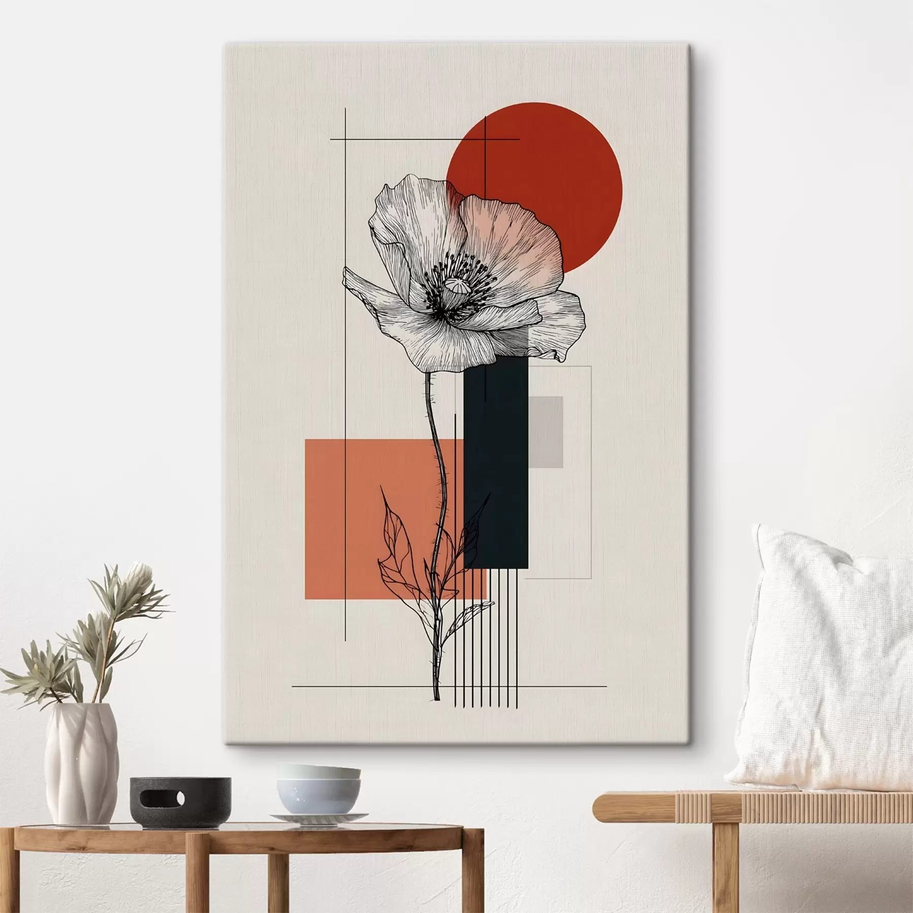 Wandbilder Eine grafisch gestaltete Mohnblume vor einem geometrischen Hintergrund s49230