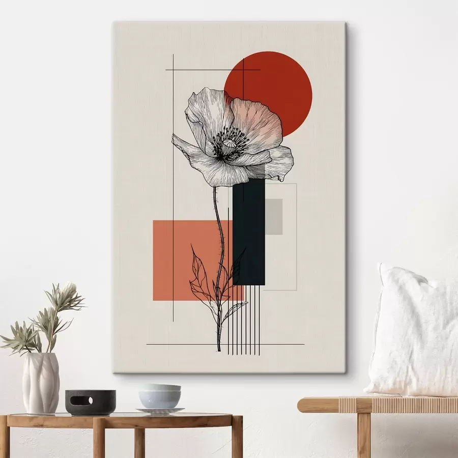 Wandbilder Eine grafisch gestaltete Mohnblume vor einem geometrischen Hintergrund s49230