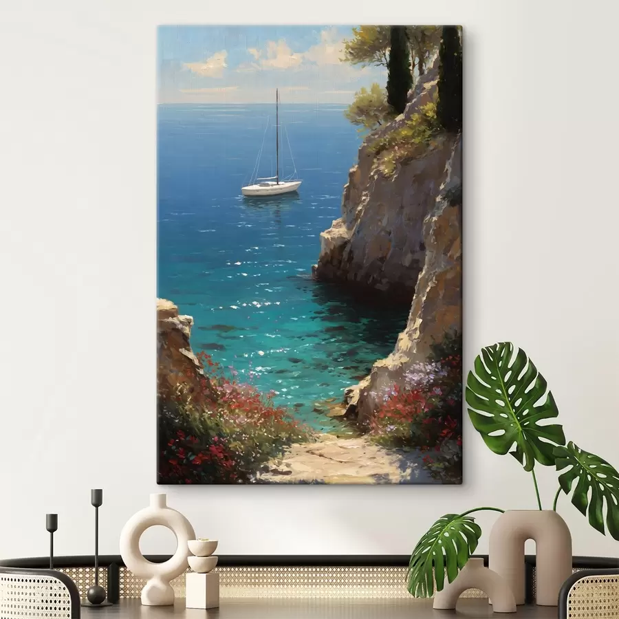 Wandbilder Ein Seehafen mit einer Yacht im Stil eines Ölgemäldes s49240
