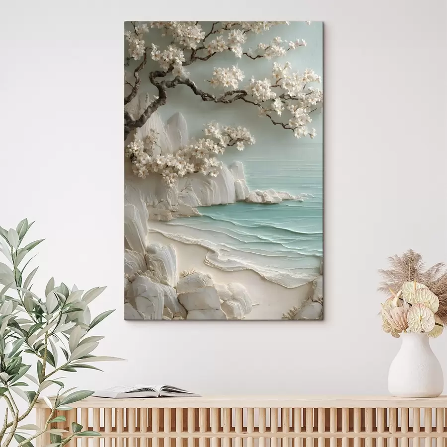 Wandbilder Ein blühender Baum am Meer, im Flachreliefstil dargestellt s49248
